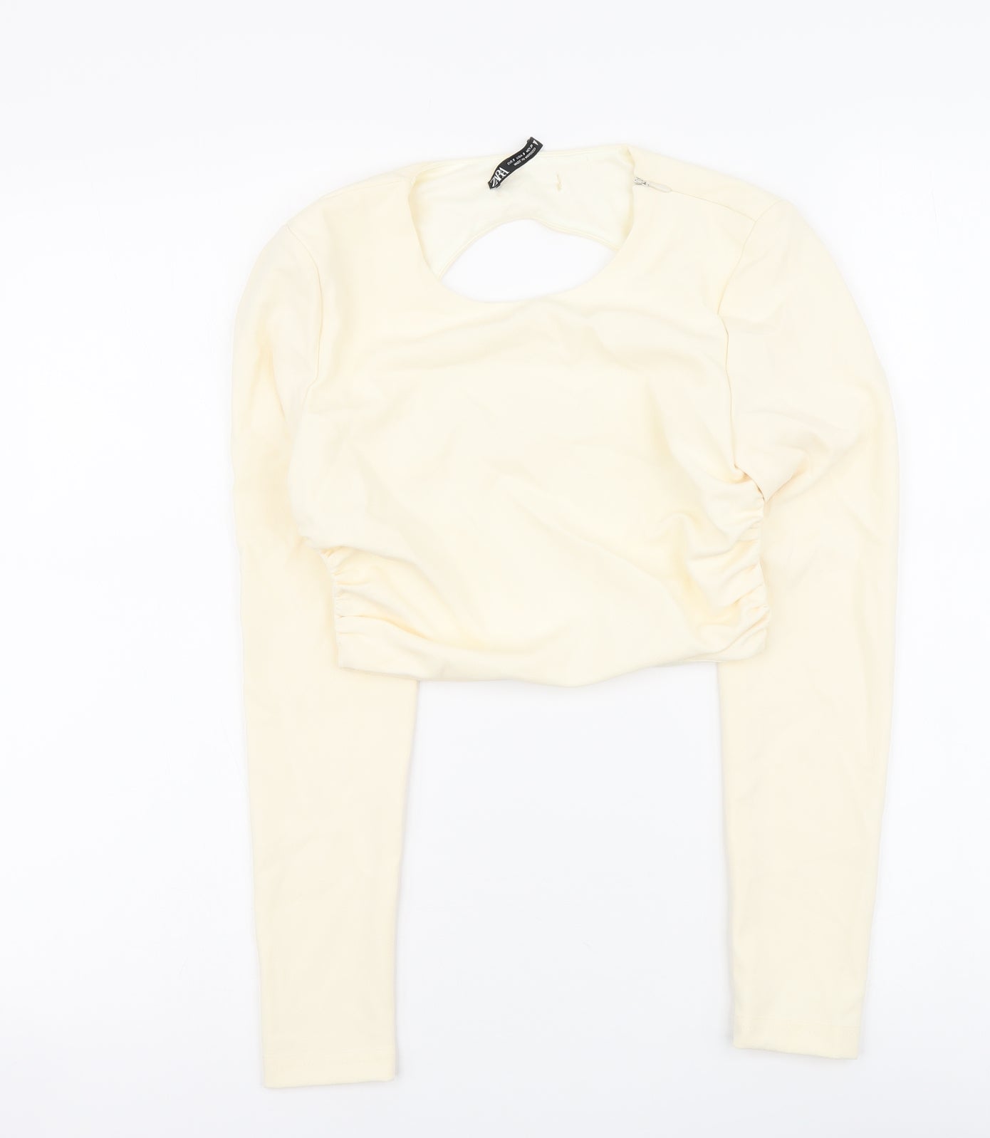 Zara Womens Ivory Polyester Cropped Blouse Size S Round Neck - Cut Out