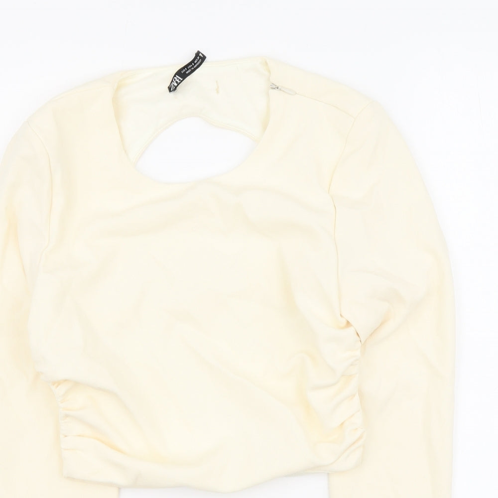 Zara Womens Ivory Polyester Cropped Blouse Size S Round Neck - Cut Out