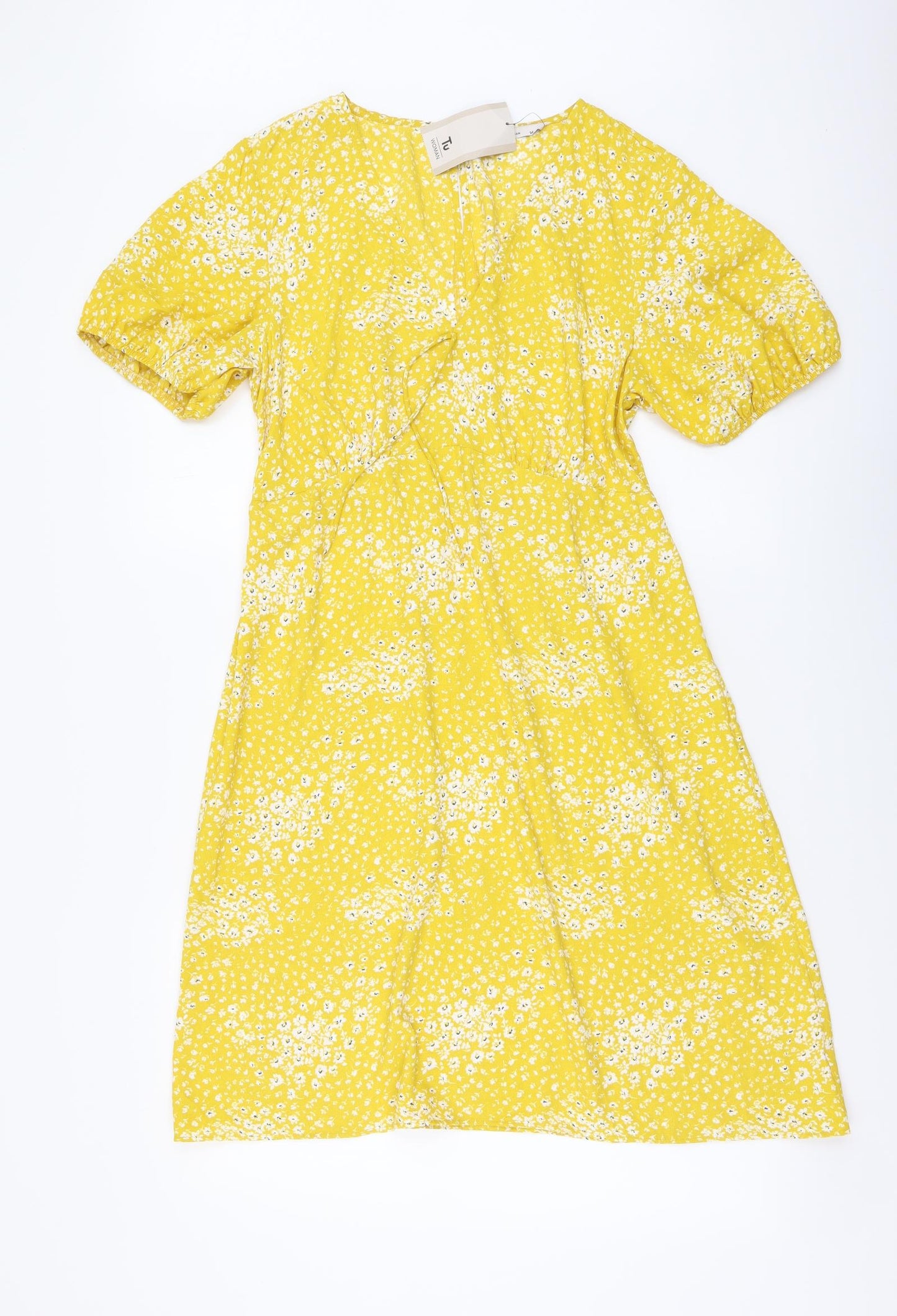 TU Womens Yellow Floral Polyester A-Line Size 14 V-Neck Pullover