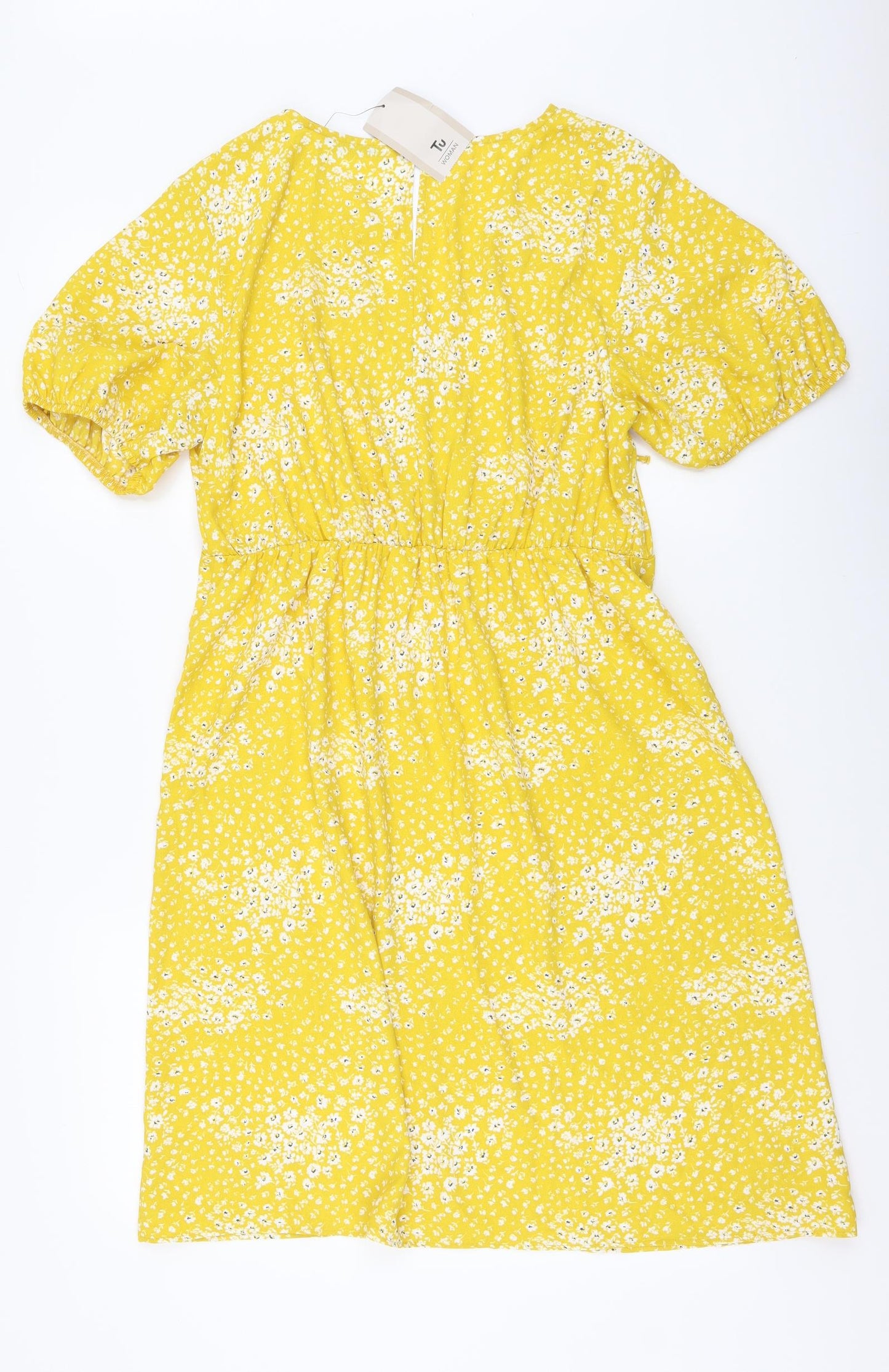 TU Womens Yellow Floral Polyester A-Line Size 14 V-Neck Pullover