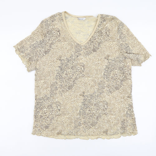 Berkertex Womens Beige Floral Nylon Basic T-Shirt Size 18 V-Neck