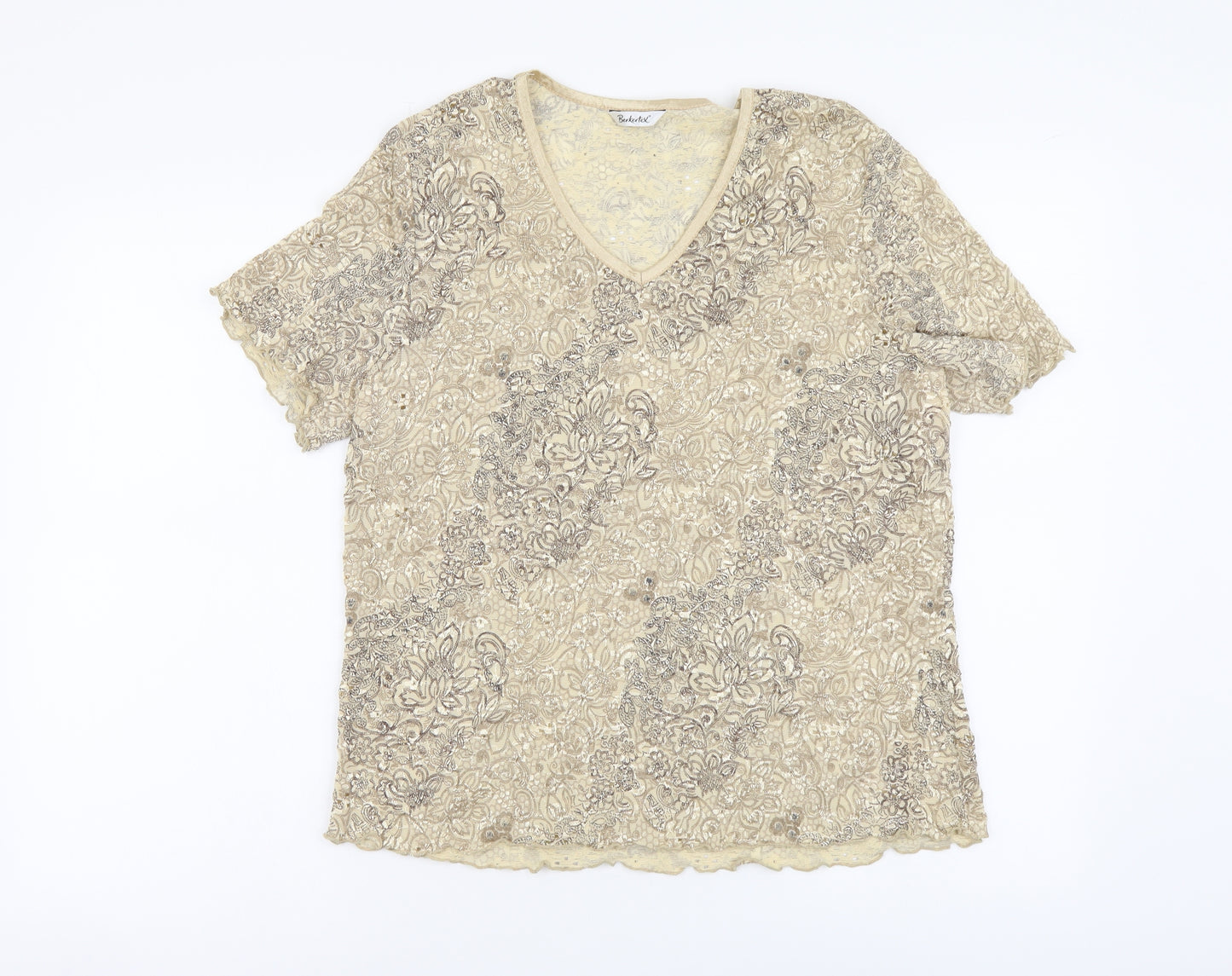 Berkertex Womens Beige Floral Nylon Basic T-Shirt Size 18 V-Neck