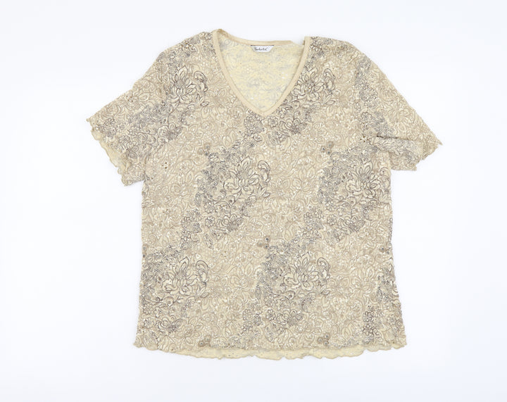 Berkertex Womens Beige Floral Nylon Basic T-Shirt Size 18 V-Neck