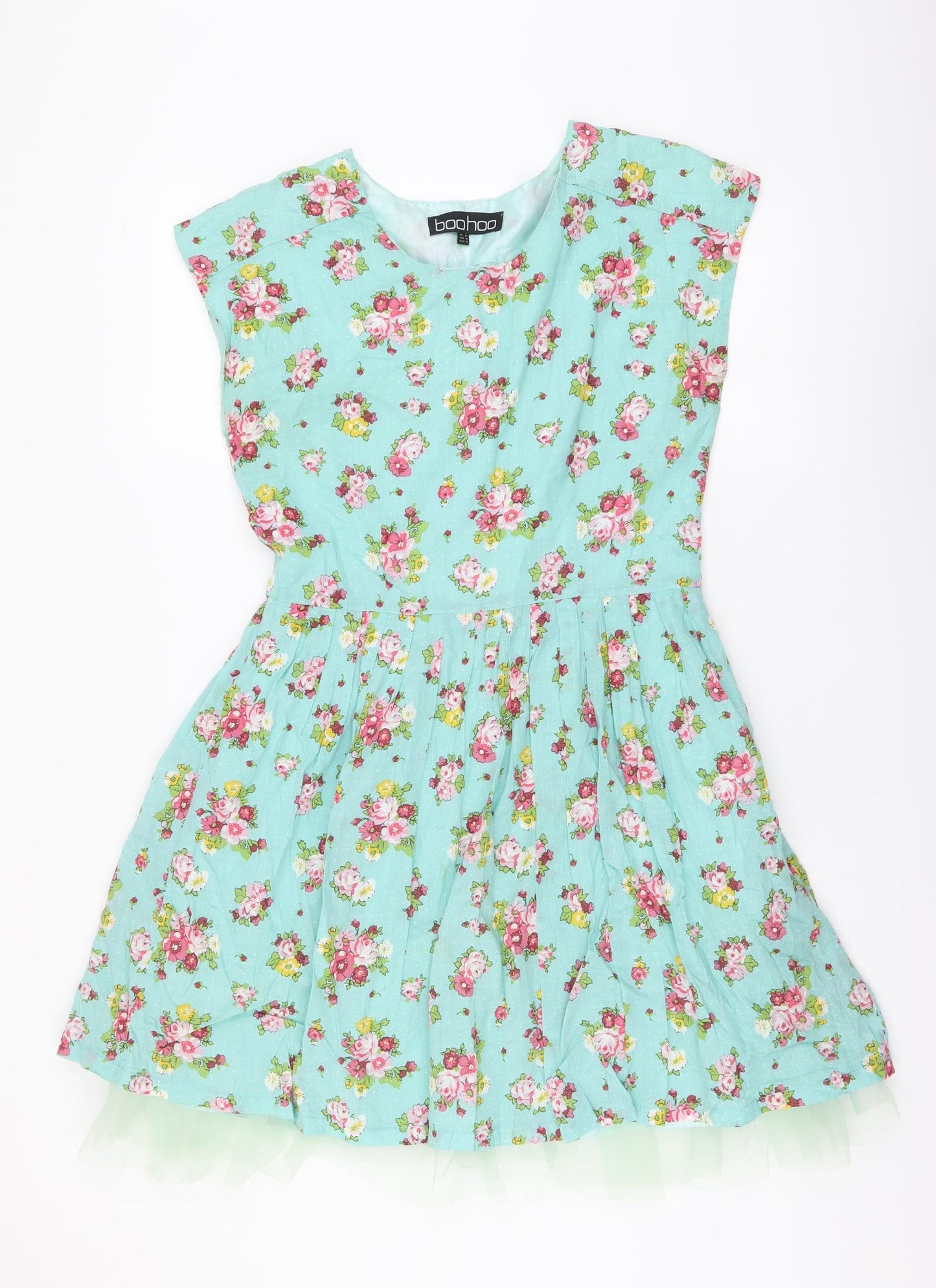 Boohoo Womens Blue Floral Viscose A-Line Size 12 Round Neck Pullover