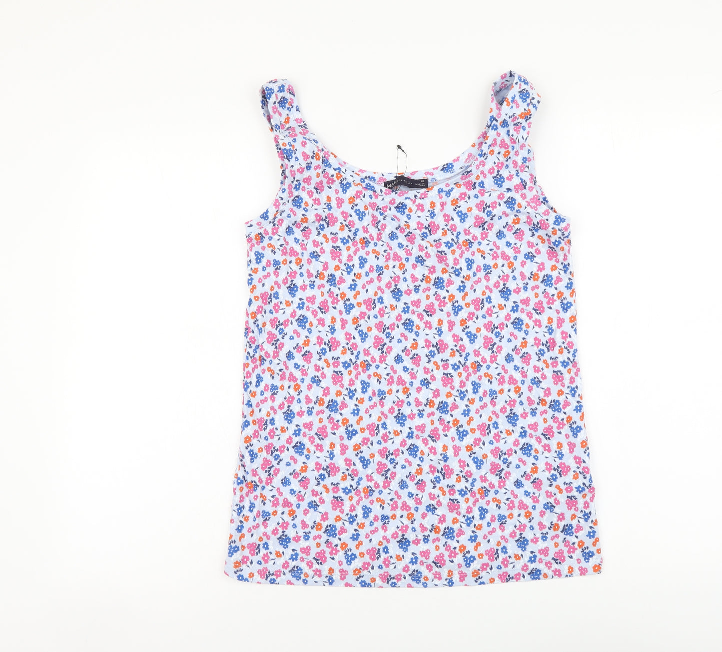 Marks and Spencer Womens Blue Floral Cotton Basic Tank Size 16 Round Neck