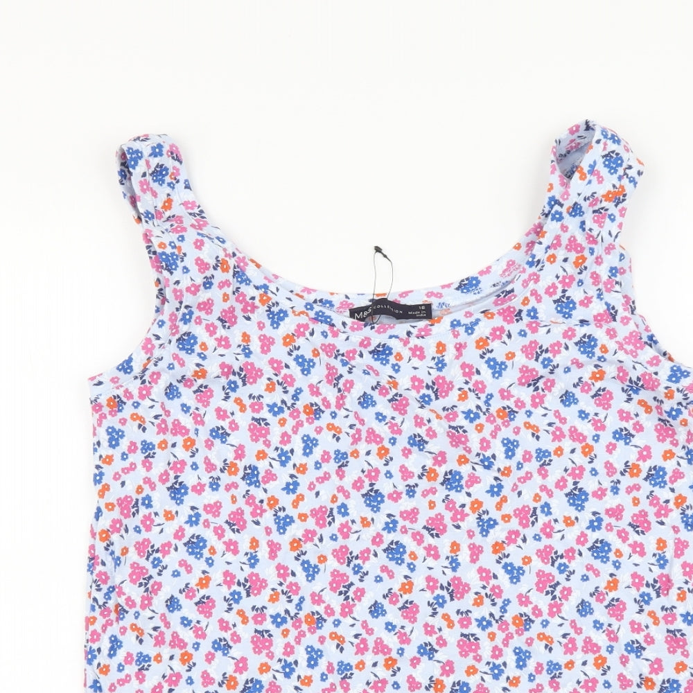 Marks and Spencer Womens Blue Floral Cotton Basic Tank Size 16 Round Neck
