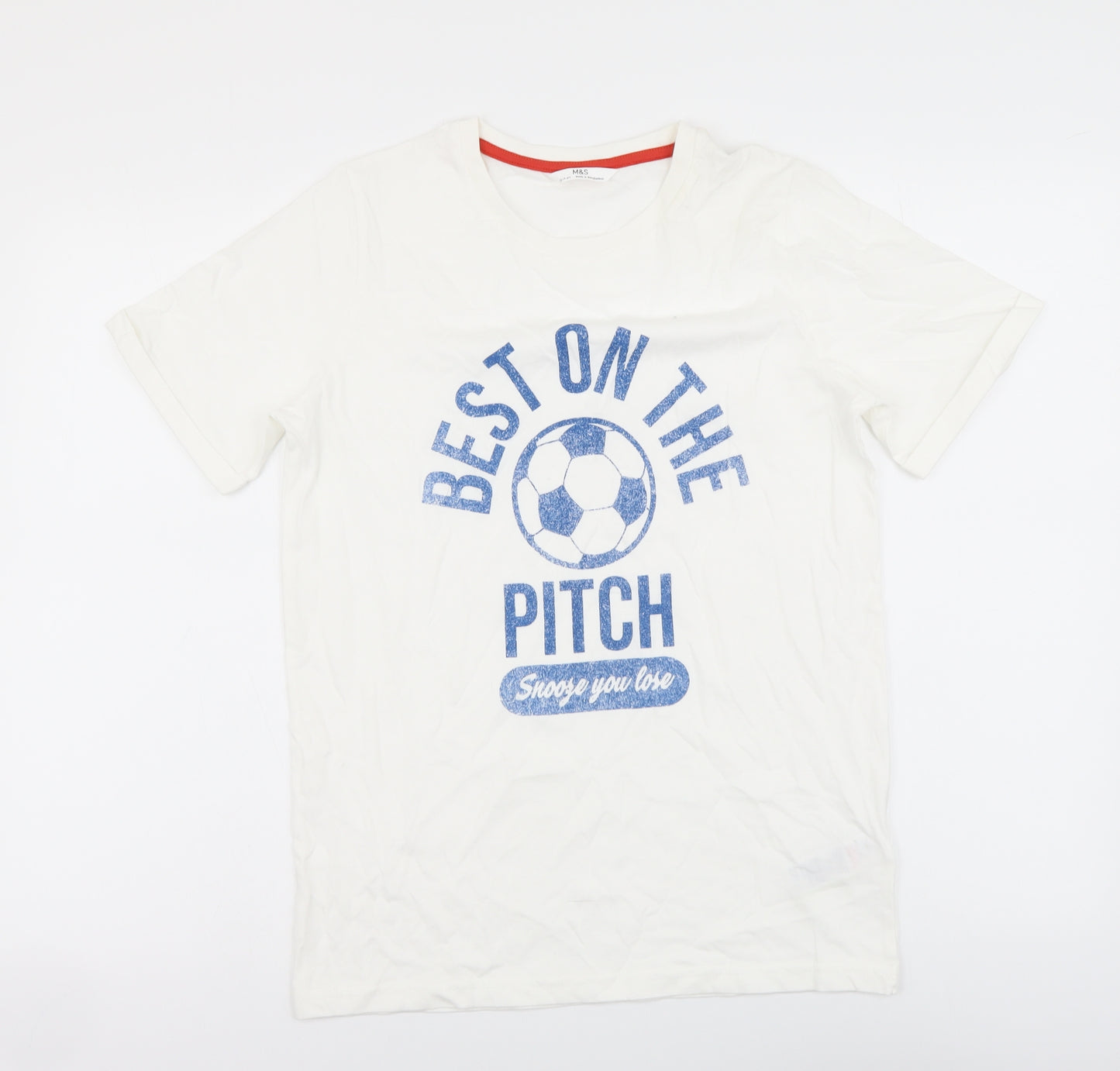 Marks and Spencer Boys Ivory Cotton Basic T-Shirt Size 12-13 Years Round Neck Pullover - Best on the Pitch