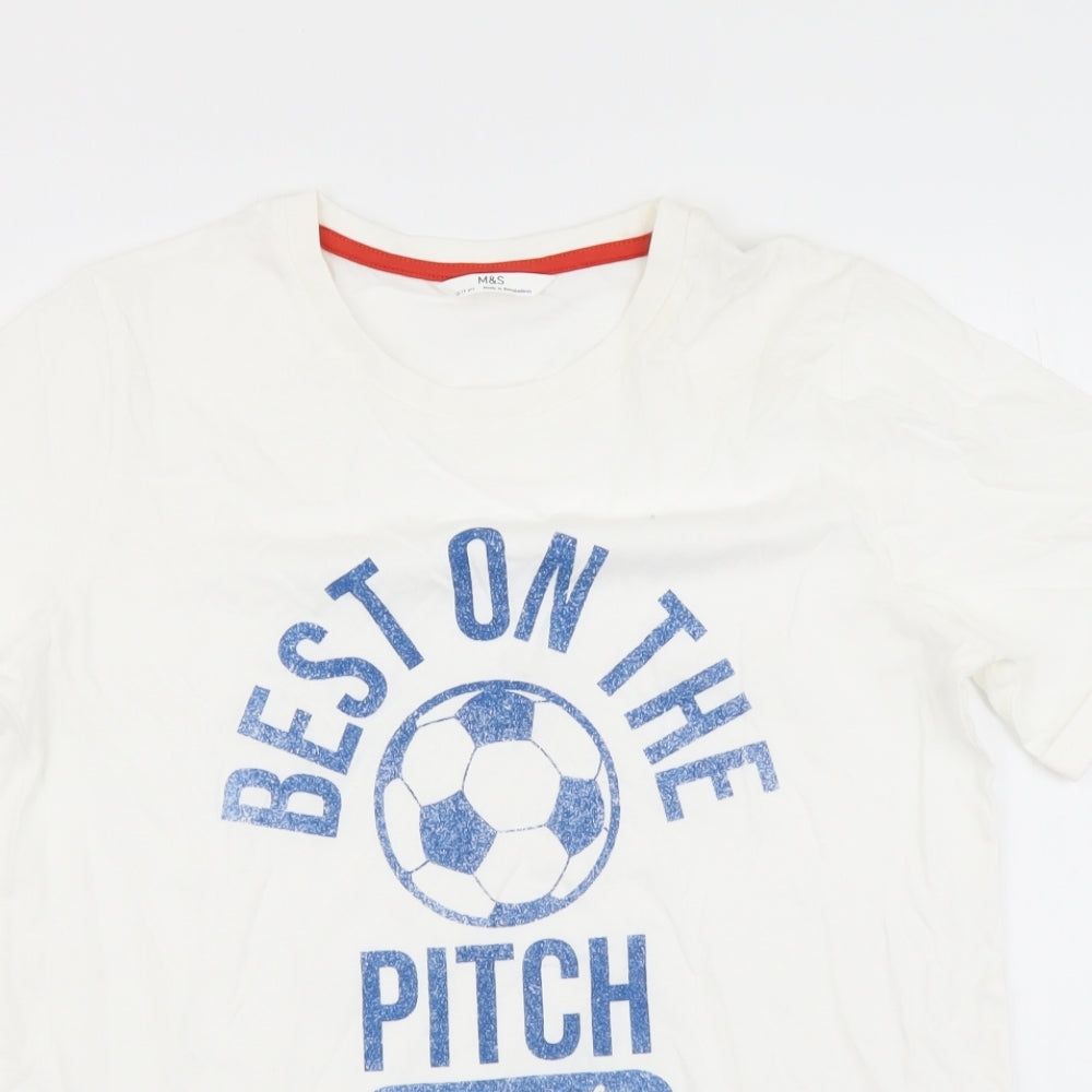 Marks and Spencer Boys Ivory Cotton Basic T-Shirt Size 12-13 Years Round Neck Pullover - Best on the Pitch