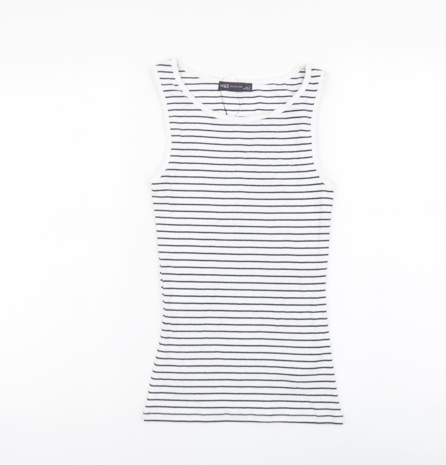 Marks and Spencer Womens White Striped Cotton Basic T-Shirt Size 8 Round Neck
