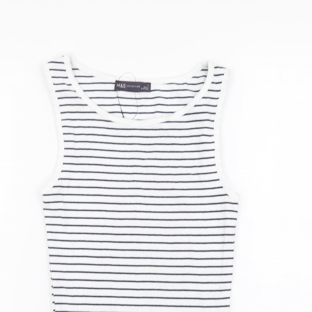 Marks and Spencer Womens White Striped Cotton Basic T-Shirt Size 8 Round Neck