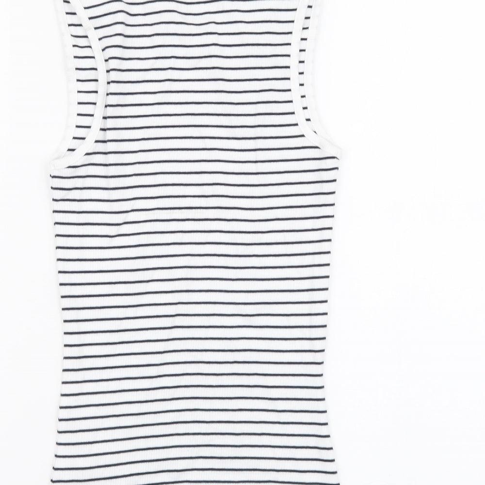 Marks and Spencer Womens White Striped Cotton Basic T-Shirt Size 8 Round Neck