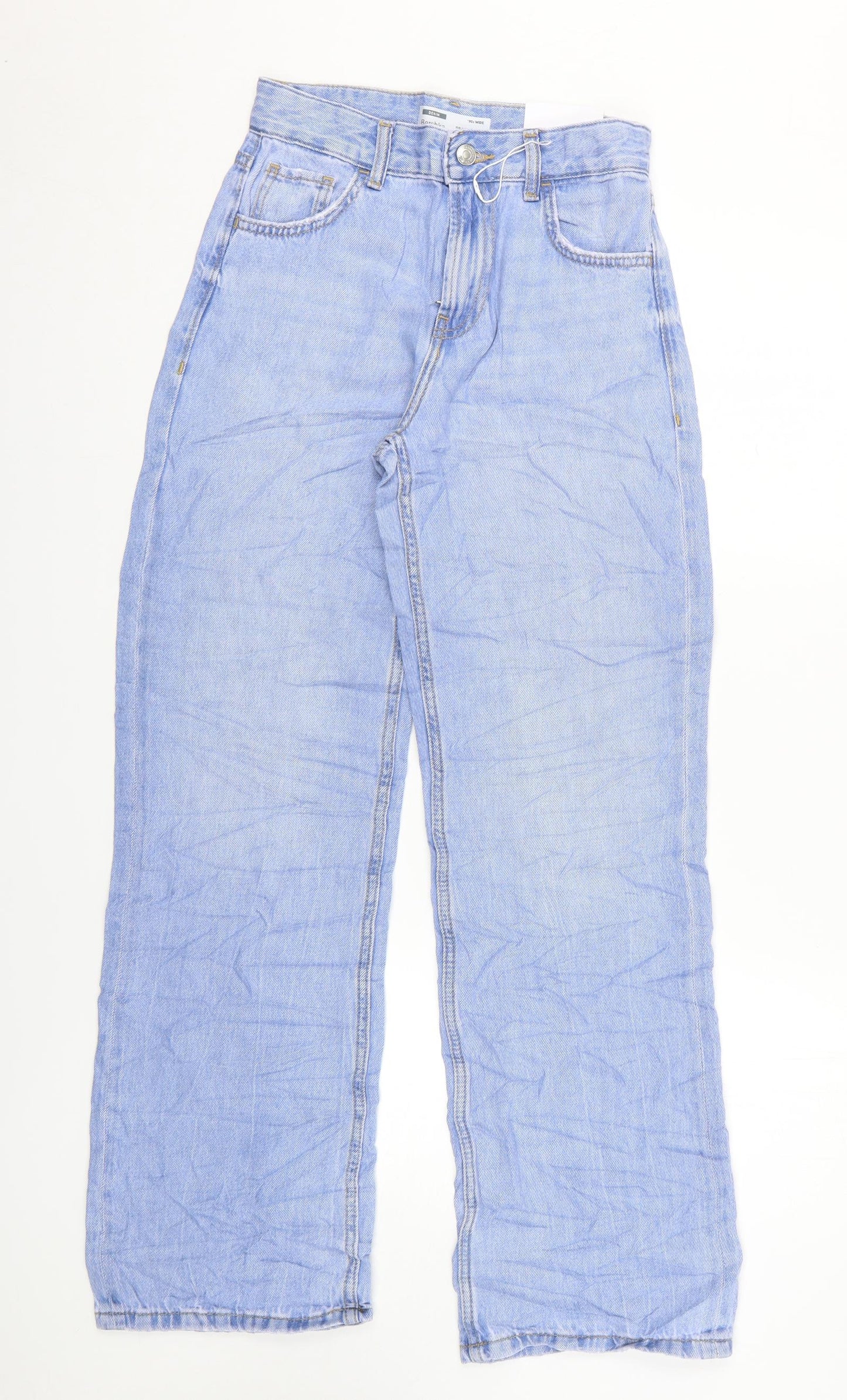 Bershka Womens Blue Cotton Wide-Leg Jeans Size 4 L28 in Relaxed Zip