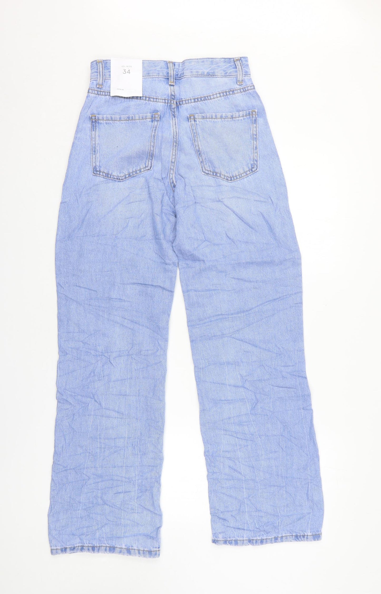 Bershka Womens Blue Cotton Wide-Leg Jeans Size 4 L28 in Relaxed Zip