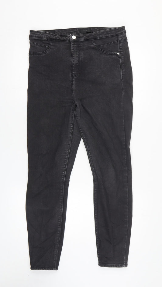 Front view of River Island women’s black cotton skinny jeans, size UK 16, 26-inch leg regular zip