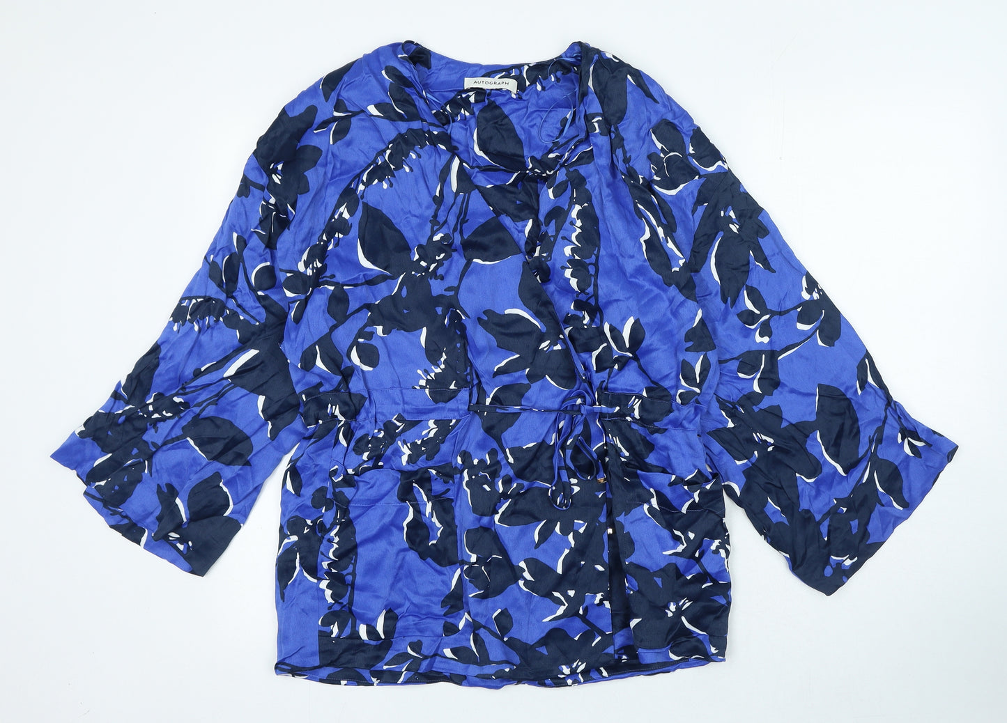 Autograph Womens Blue Geometric Viscose Wrap Blouse Size M V-Neck