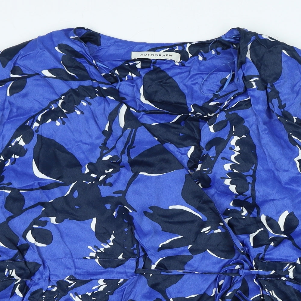 Autograph Womens Blue Geometric Viscose Wrap Blouse Size M V-Neck