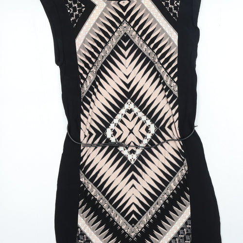 Oasis Womens Black Geometric Viscose T-Shirt Dress Round Neck Pullover