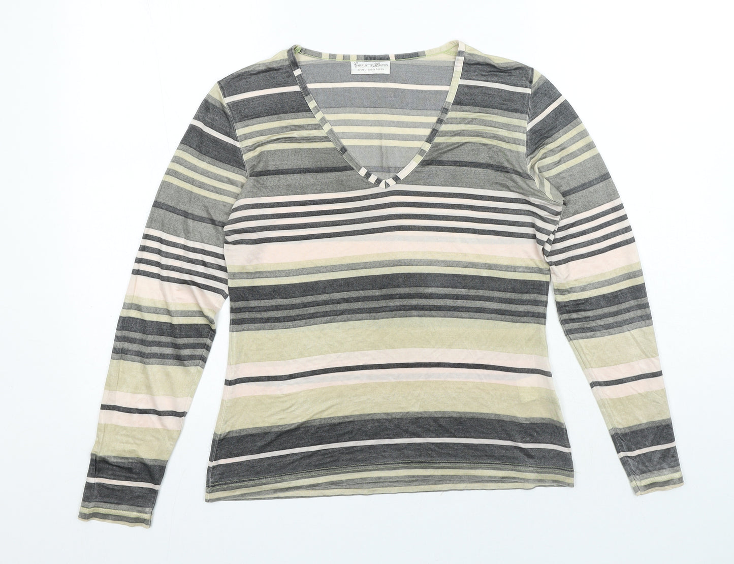 Charlotte Halton Womens Multicoloured Striped Acetate Basic T-Shirt Size L V-Neck