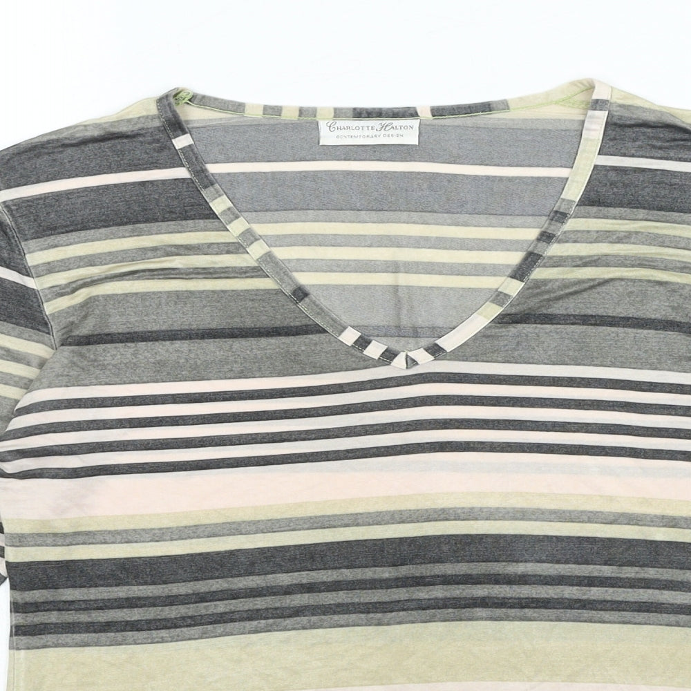 Charlotte Halton Womens Multicoloured Striped Acetate Basic T-Shirt Size L V-Neck