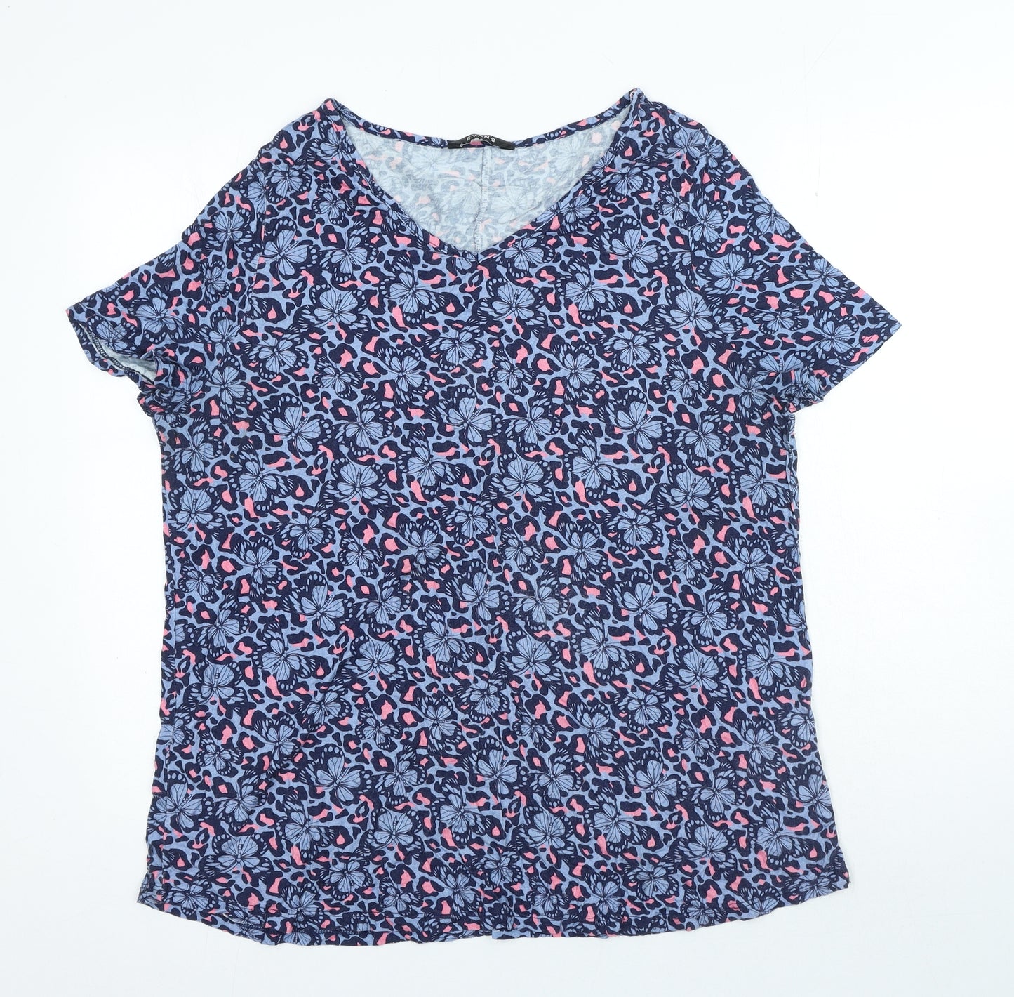 Evans Womens Blue Floral Viscose Basic T-Shirt Size 14 Round Neck