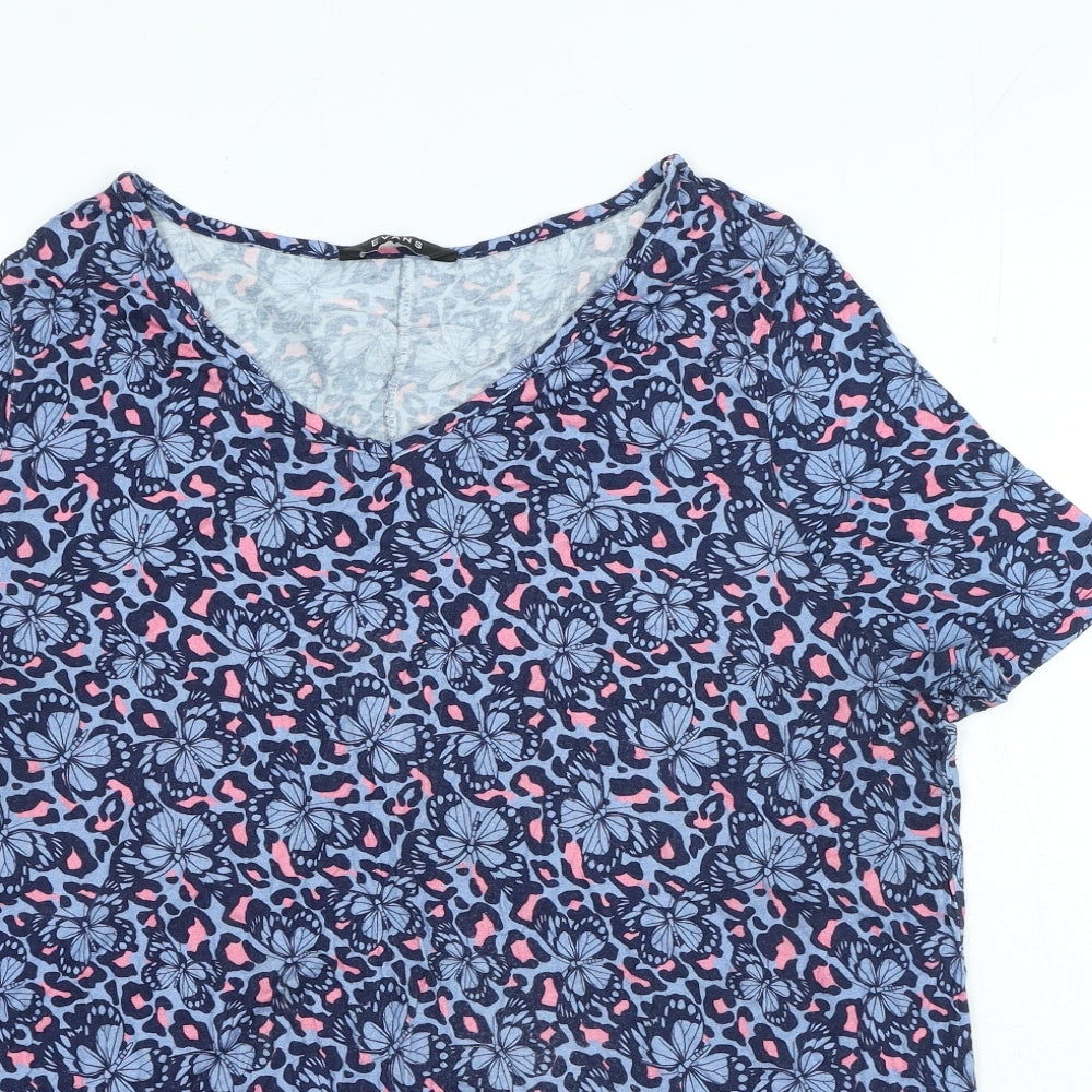 Evans Womens Blue Floral Viscose Basic T-Shirt Size 14 Round Neck