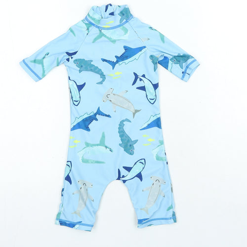 Preworn Boys Blue Polyester Babygrow One-Piece Size 3-6 Months Zip - Swimsuit Shark Print