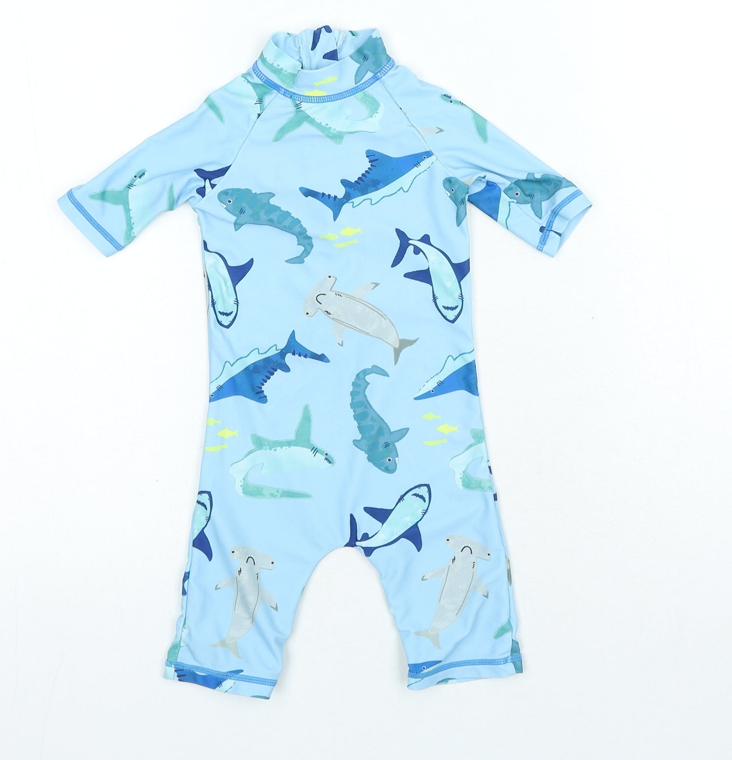 Preworn Boys Blue Polyester Babygrow One-Piece Size 3-6 Months Zip - Swimsuit Shark Print