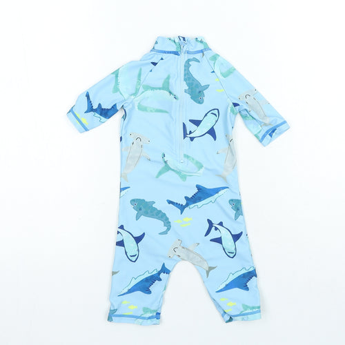 Preworn Boys Blue Polyester Babygrow One-Piece Size 3-6 Months Zip - Swimsuit Shark Print