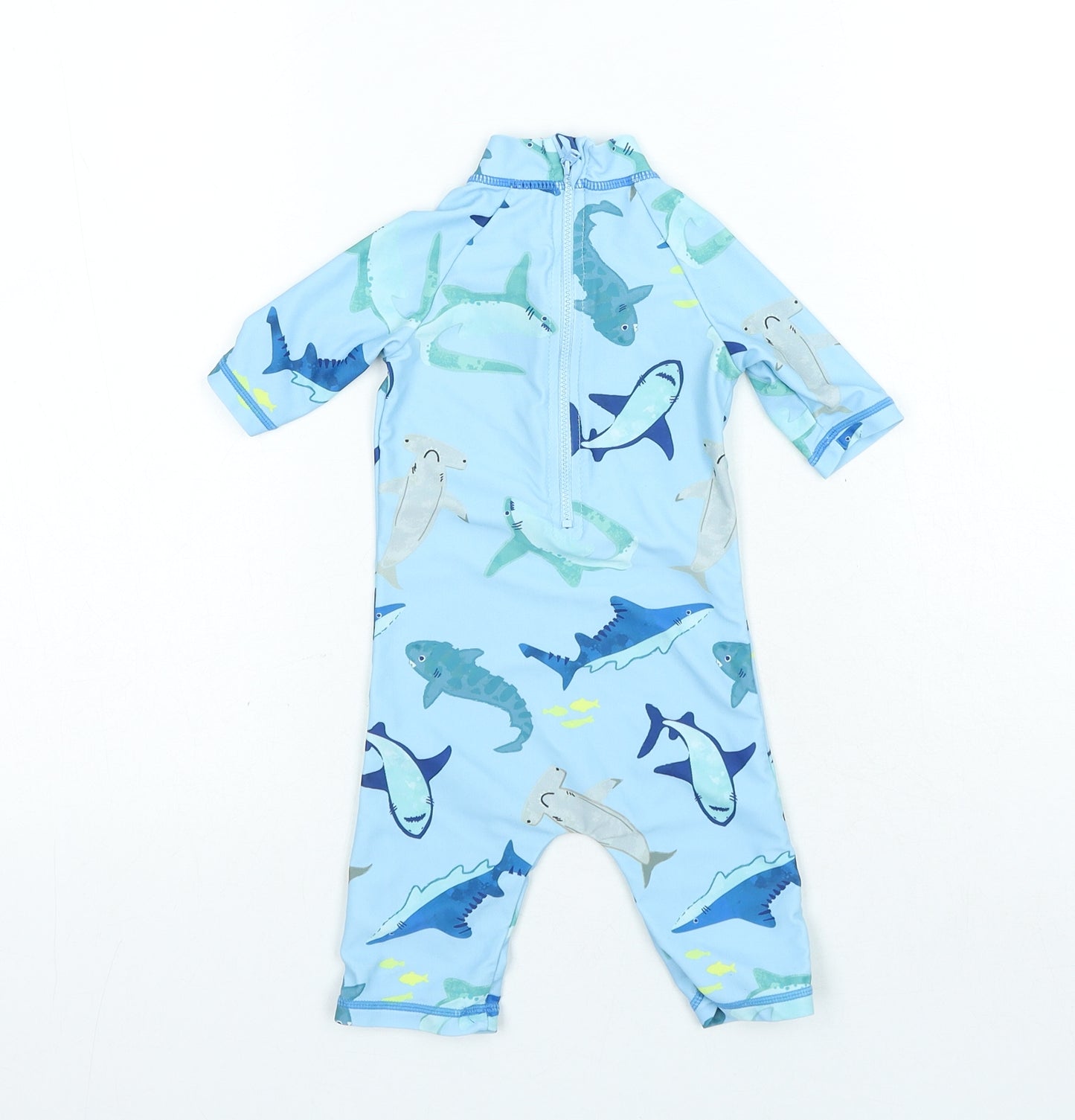 Preworn Boys Blue Polyester Babygrow One-Piece Size 3-6 Months Zip - Swimsuit Shark Print
