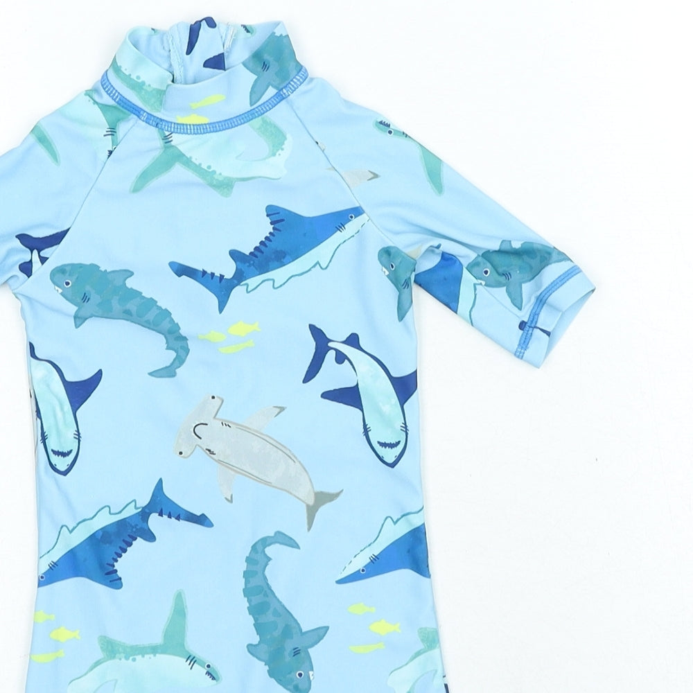 Preworn Boys Blue Polyester Babygrow One-Piece Size 3-6 Months Zip - Swimsuit Shark Print