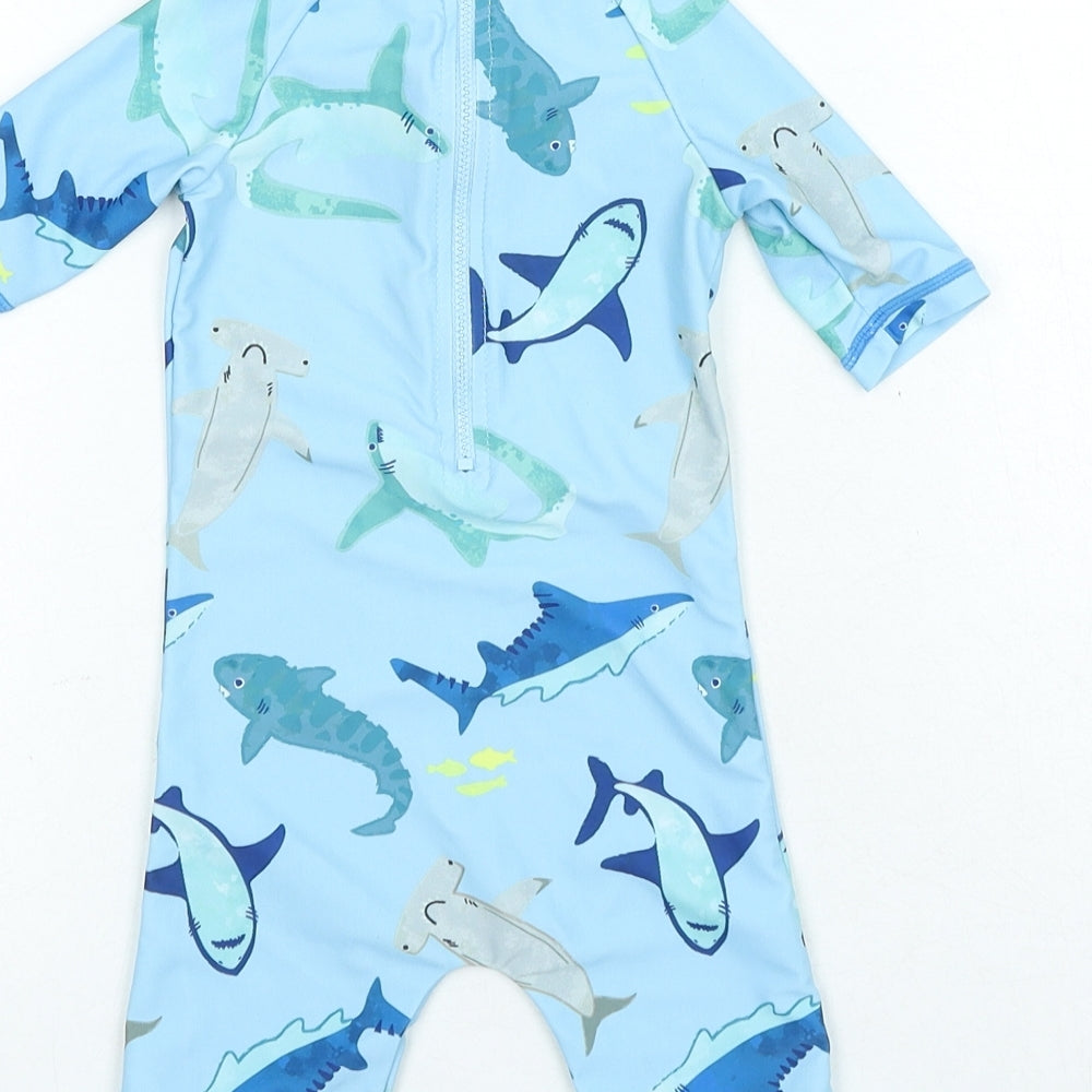 Preworn Boys Blue Polyester Babygrow One-Piece Size 3-6 Months Zip - Swimsuit Shark Print