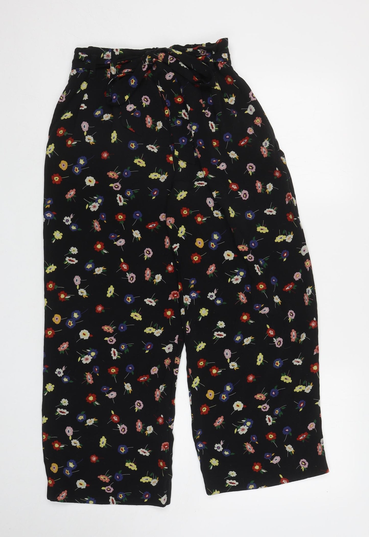Zara Womens Black Floral Polyester Bloomer Trousers Size S L24.5 in Regular Tie