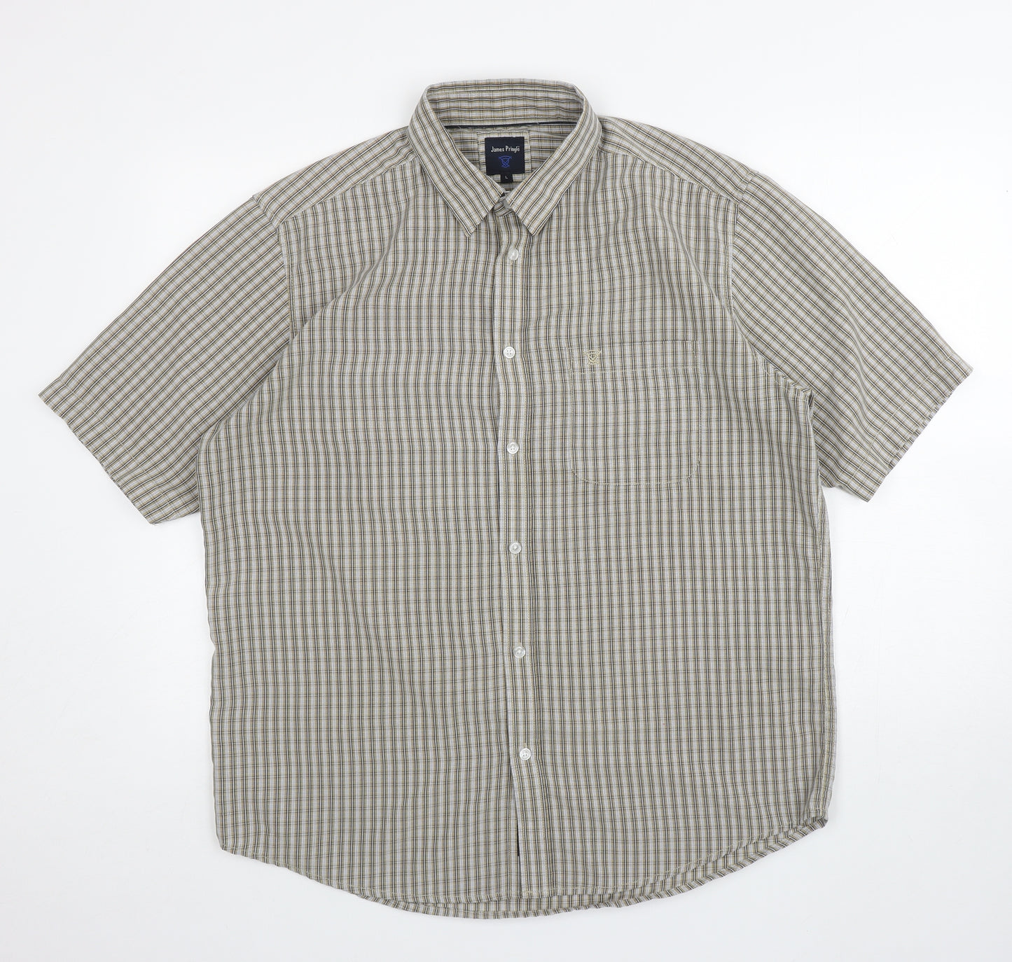 James Pringle Mens Brown Plaid Polyester Button-Up Size L Collared Button