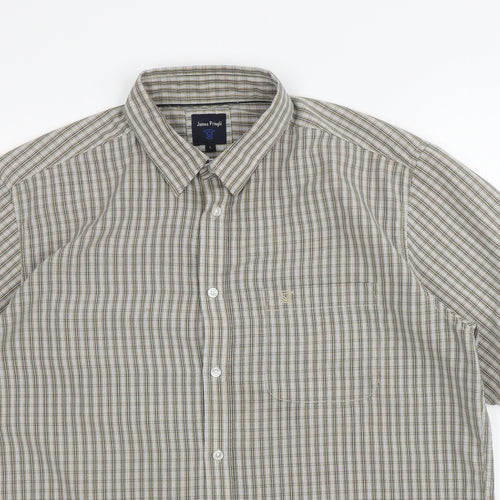 James Pringle Mens Brown Plaid Polyester Button-Up Size L Collared Button