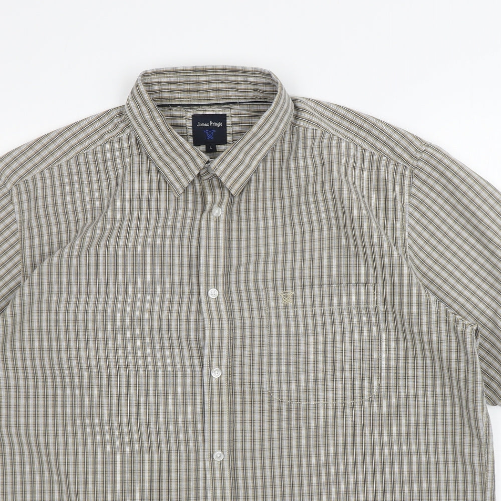 James Pringle Mens Brown Plaid Polyester Button-Up Size L Collared Button