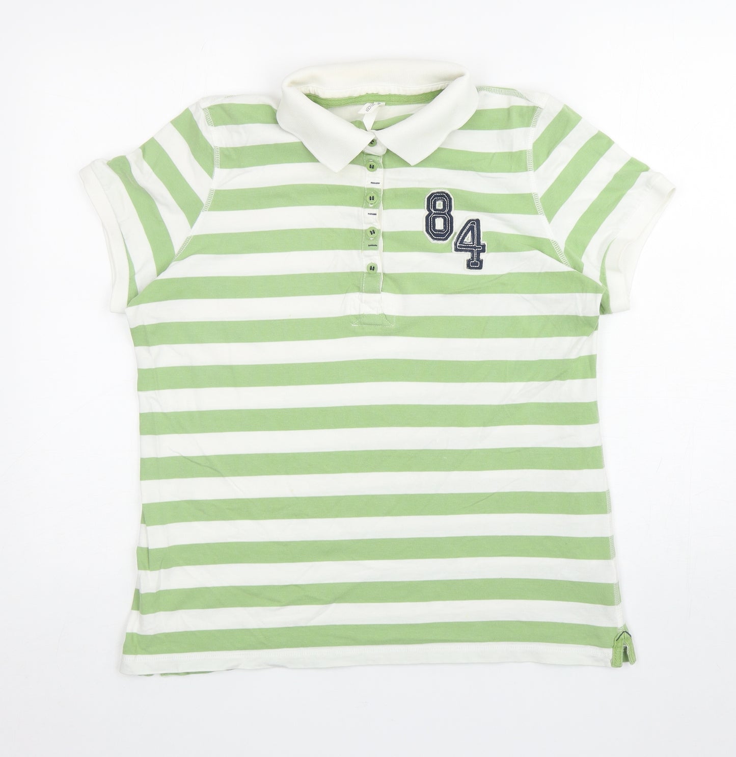 Marks and Spencer Womens Green Striped Cotton Basic Polo Size 16 Collared - 84