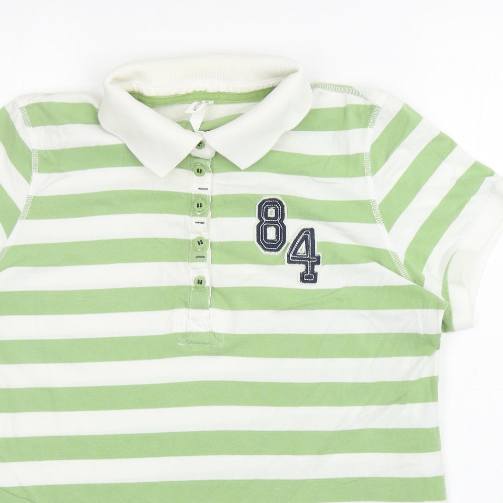 Marks and Spencer Womens Green Striped Cotton Basic Polo Size 16 Collared - 84