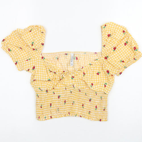 Stradivarius Womens Yellow Floral Viscose Cropped T-Shirt Size S Square Neck - Gingham