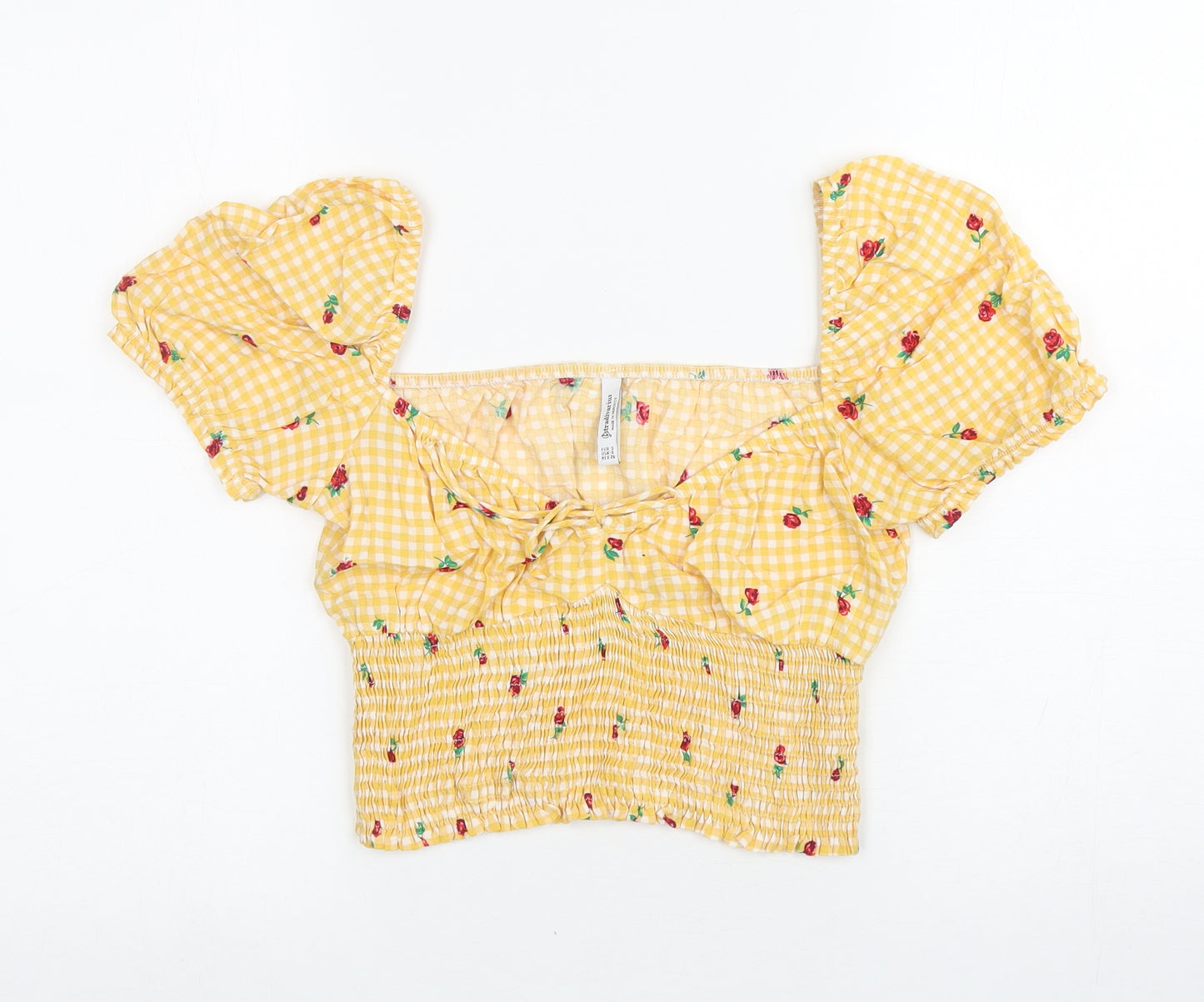 Stradivarius Womens Yellow Floral Viscose Cropped T-Shirt Size S Square Neck - Gingham