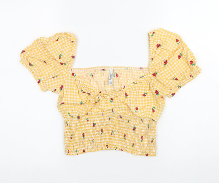 Stradivarius Womens Yellow Floral Viscose Cropped T-Shirt Size S Square Neck - Gingham
