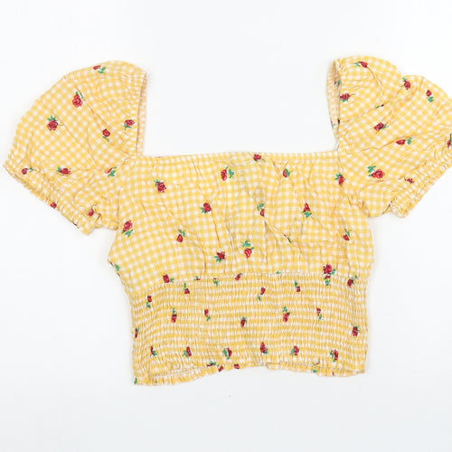 Stradivarius Womens Yellow Floral Viscose Cropped T-Shirt Size S Square Neck - Gingham