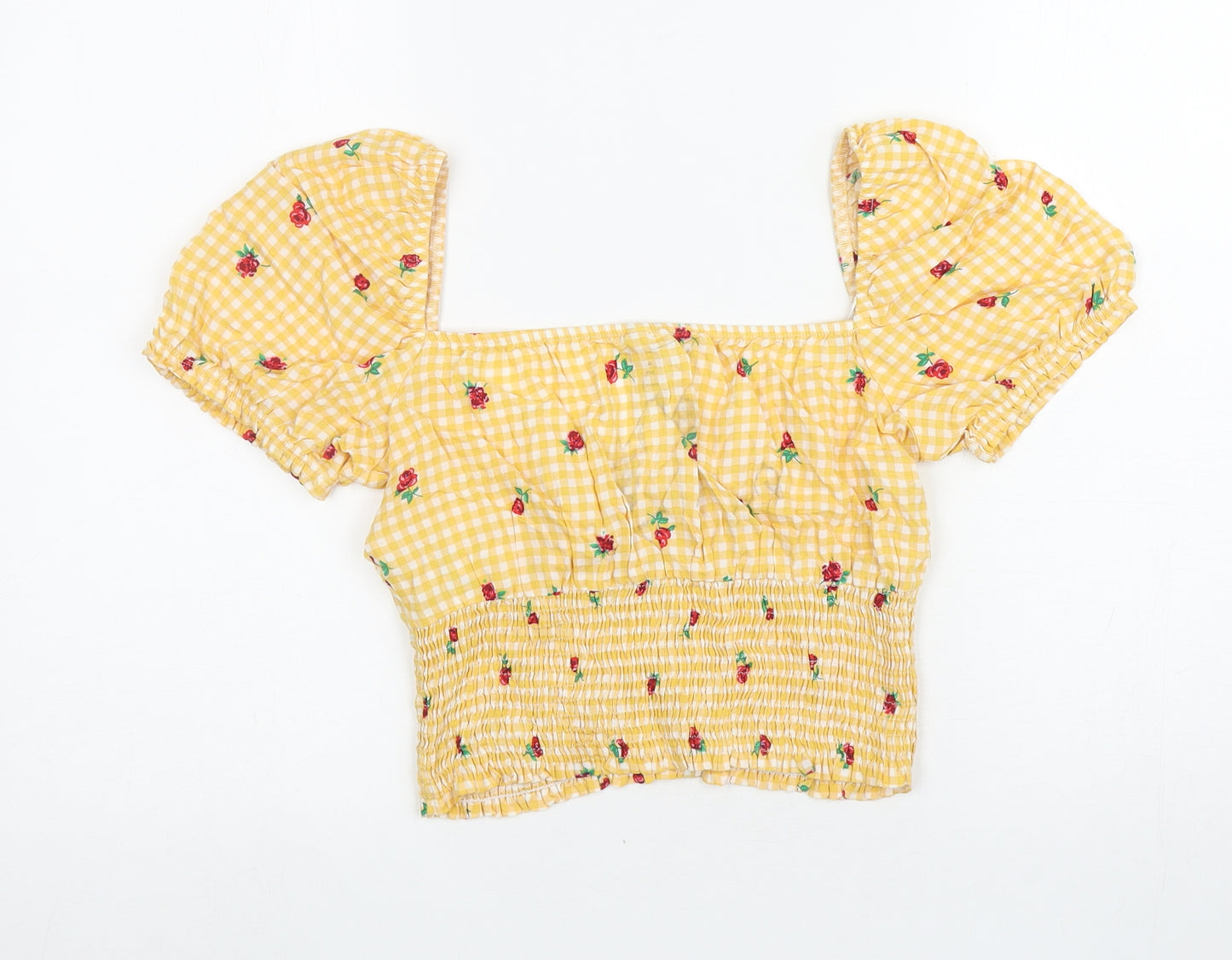 Stradivarius Womens Yellow Floral Viscose Cropped T-Shirt Size S Square Neck - Gingham