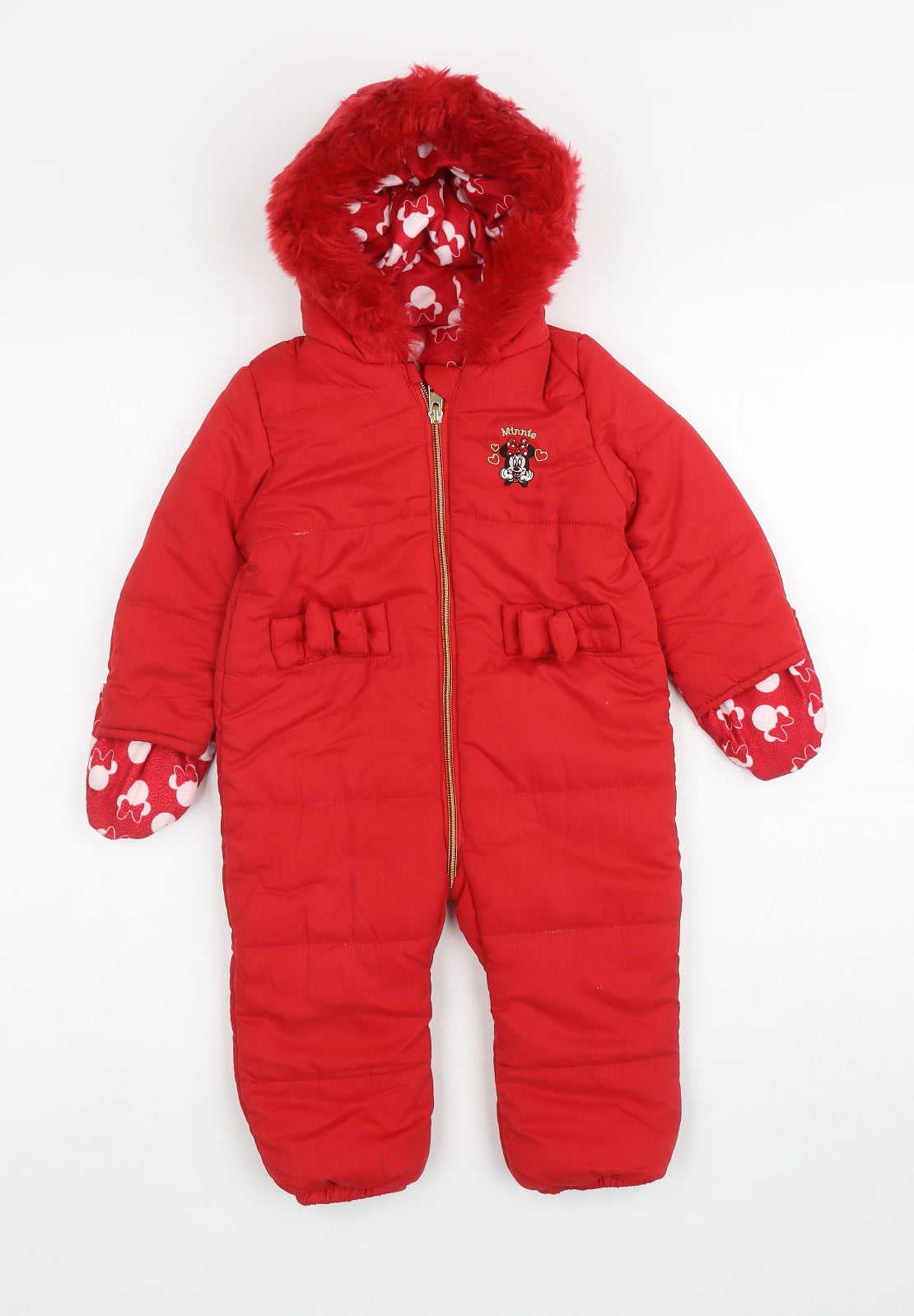 George Girls Red Ski Salopettes Snowsuit Size 12-18 Months Zip - Minnie Mouse