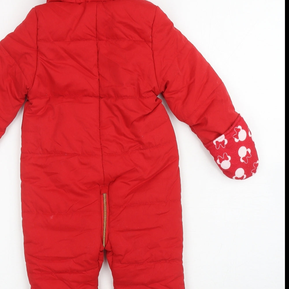 George Girls Red Ski Salopettes Snowsuit Size 12-18 Months Zip - Minnie Mouse