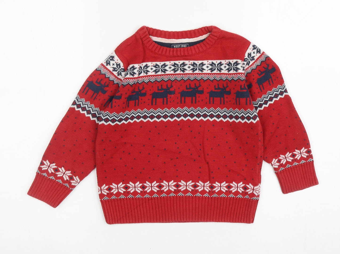 NEXT Boys Red Round Neck Fair Isle Cotton Pullover Jumper Size 3-4 Years Pullover - Christmas