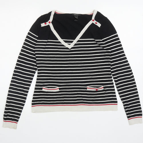 Mango Womens Black V-Neck Striped Silk Pullover Jumper Size M