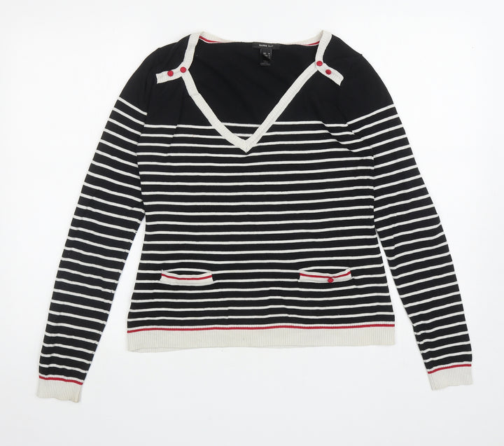Mango Womens Black V-Neck Striped Silk Pullover Jumper Size M