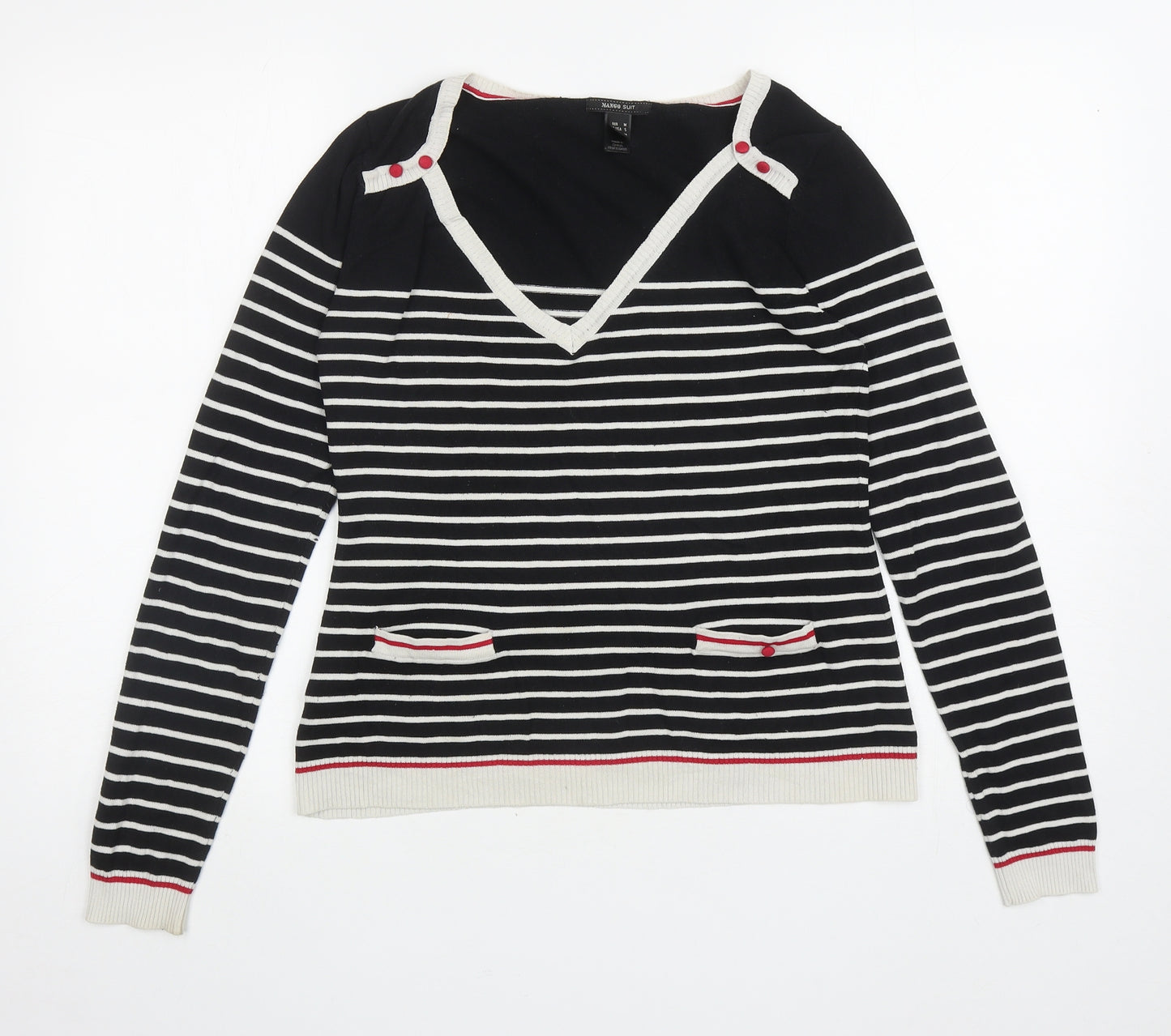 Mango Womens Black V-Neck Striped Silk Pullover Jumper Size M