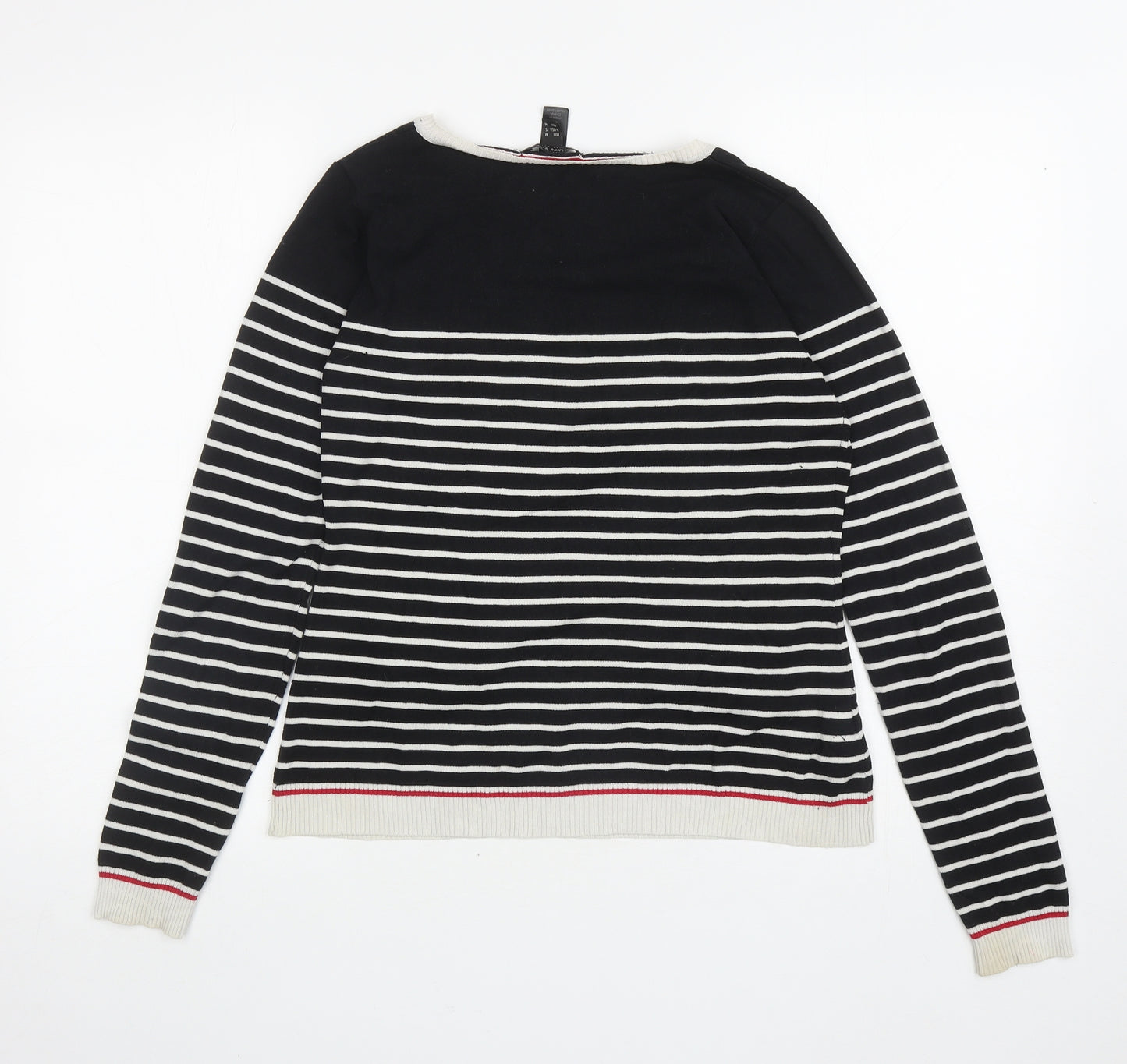 Mango Womens Black V-Neck Striped Silk Pullover Jumper Size M