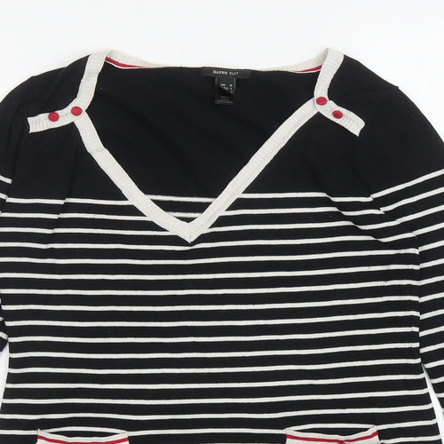 Mango Womens Black V-Neck Striped Silk Pullover Jumper Size M